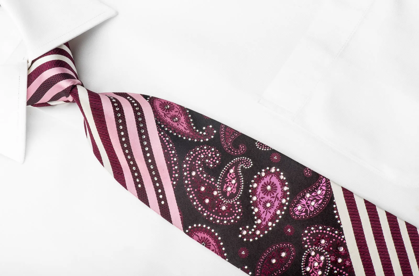 Grand Jour Men's Crystal Rhinestone Silk Necktie Striped Paisley On Purple With Sparkles