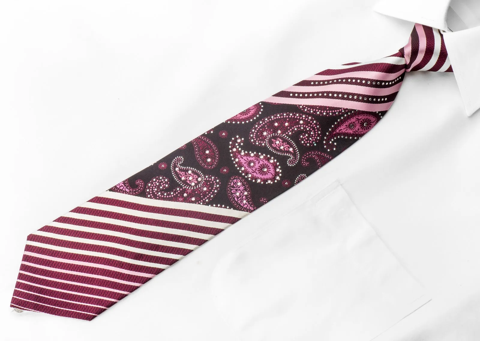 Grand Jour Men's Crystal Rhinestone Silk Necktie Striped Paisley On Purple With Sparkles