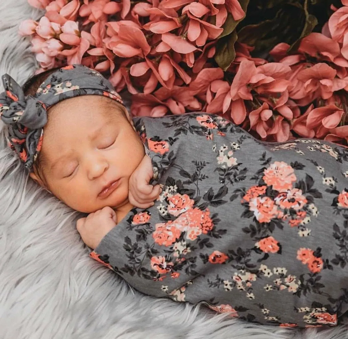 Grey Floral Swaddle   Headband Set