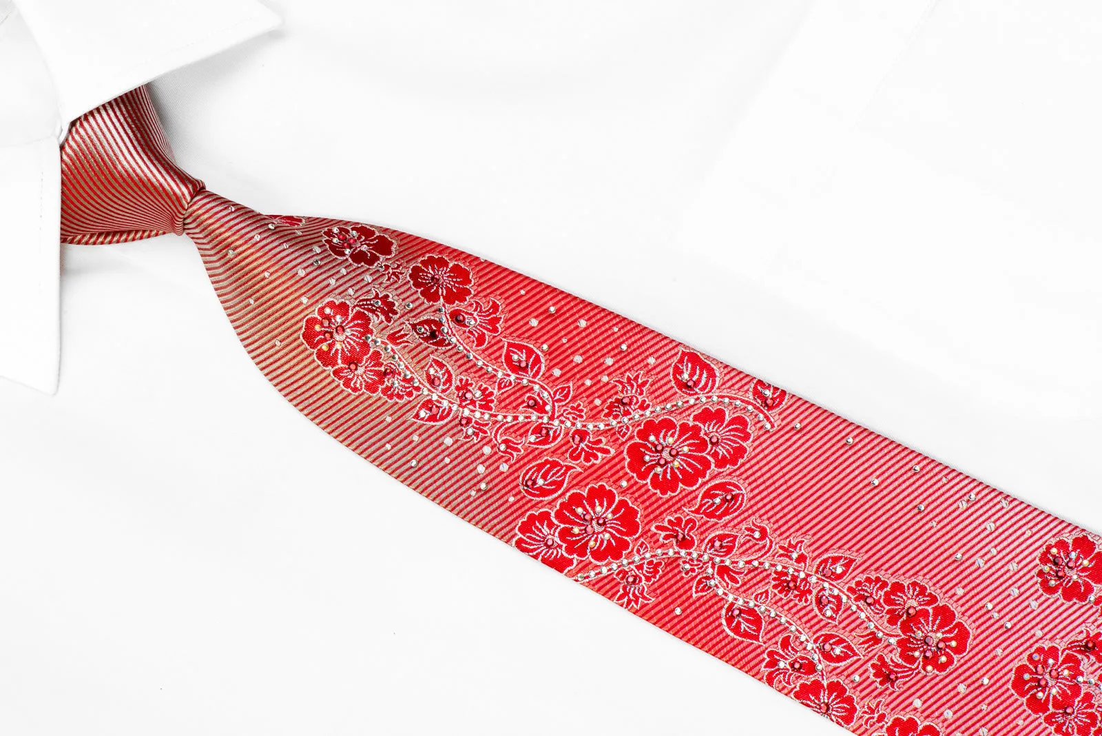 Guy Laroche Men's Rhinestone Necktie Floral On Red With Silver Sparkles