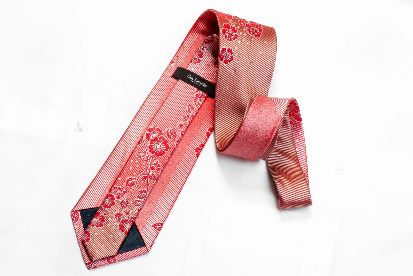 Guy Laroche Men's Rhinestone Necktie Floral On Red With Silver Sparkles