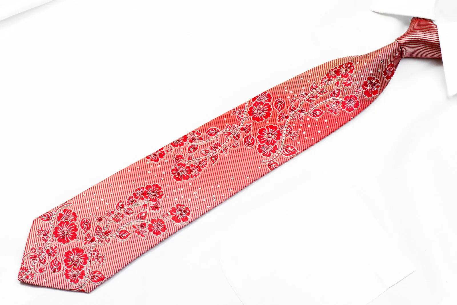 Guy Laroche Men's Rhinestone Necktie Floral On Red With Silver Sparkles