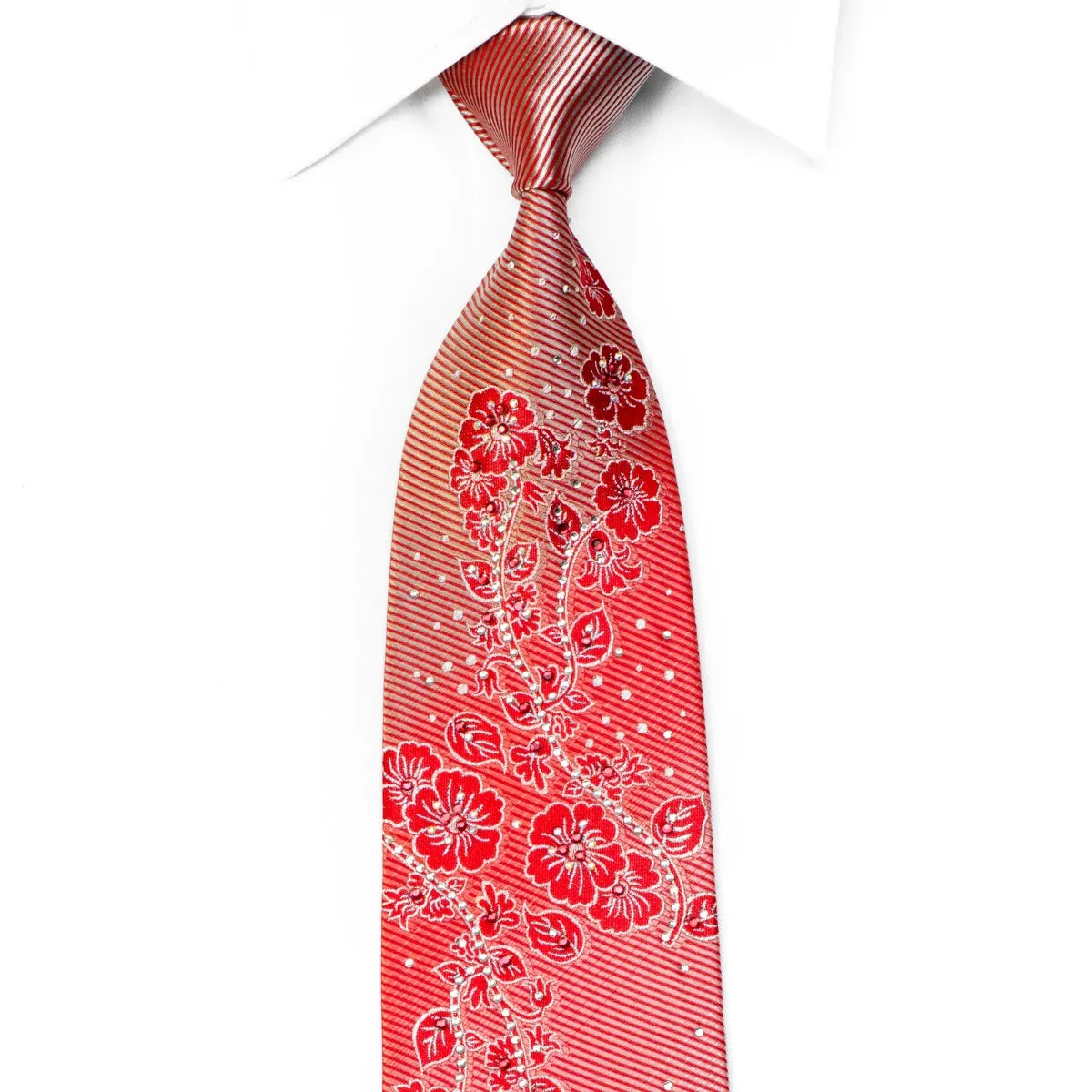 Guy Laroche Men's Rhinestone Necktie Floral On Red With Silver Sparkles