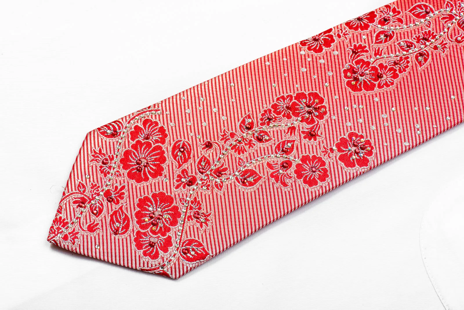 Guy Laroche Men's Rhinestone Necktie Floral On Red With Silver Sparkles