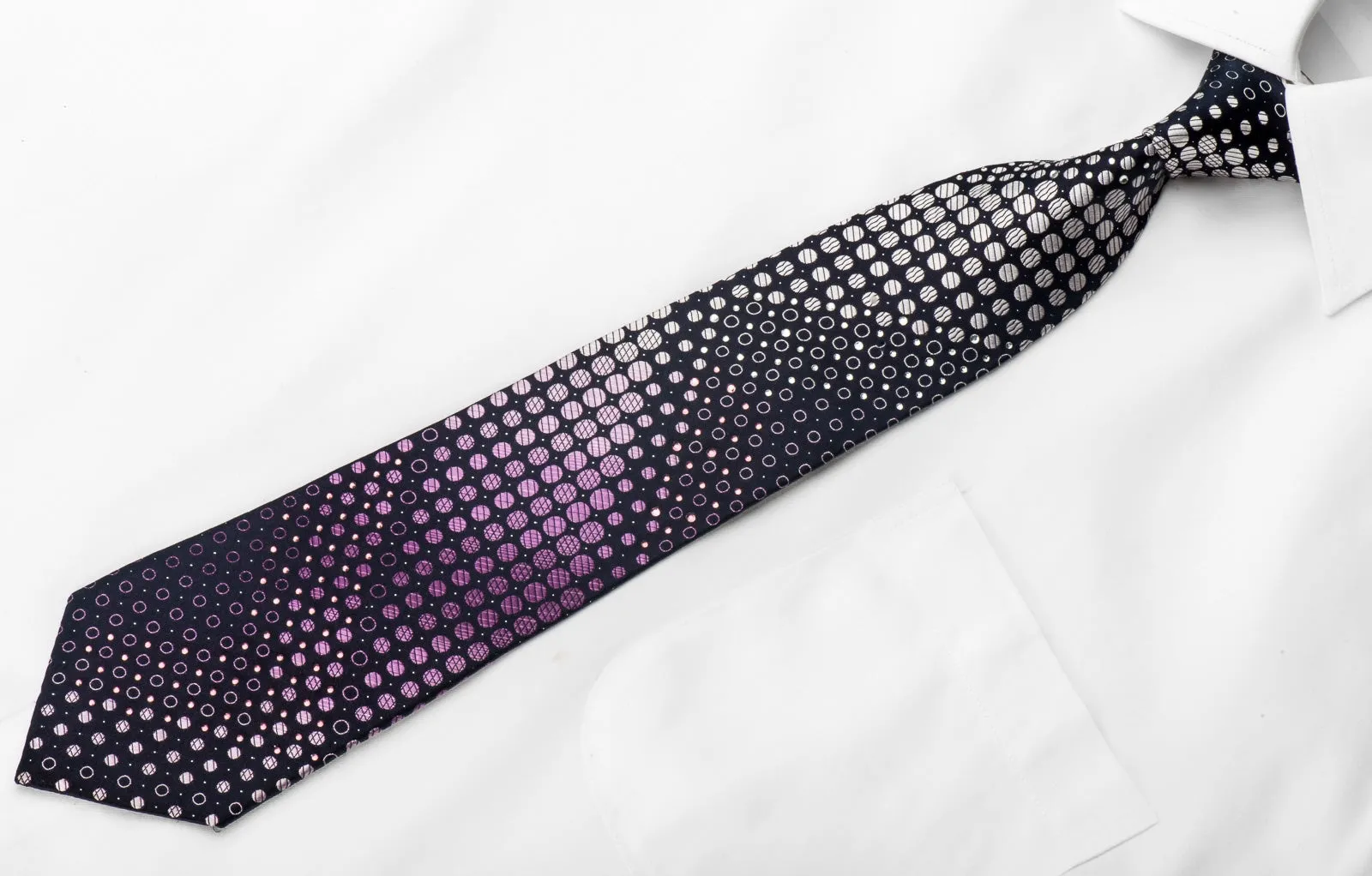 Indian Homme Men's Crystal Tie Silver Purple Dots On Navy With Purple Sparkles