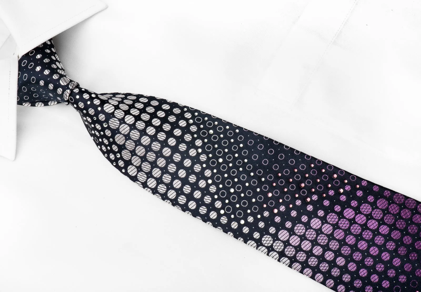 Indian Homme Men's Crystal Tie Silver Purple Dots On Navy With Purple Sparkles