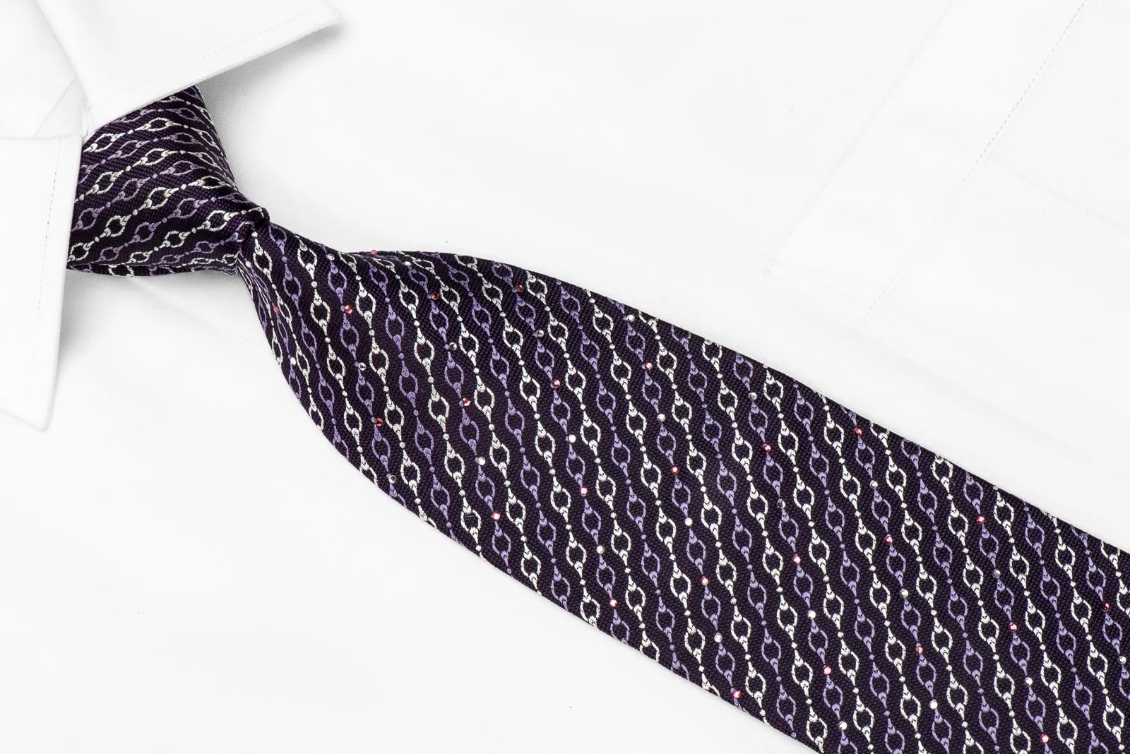 Interlocking Chain On Purple Crystal Tie Sparkling With Rhinestones