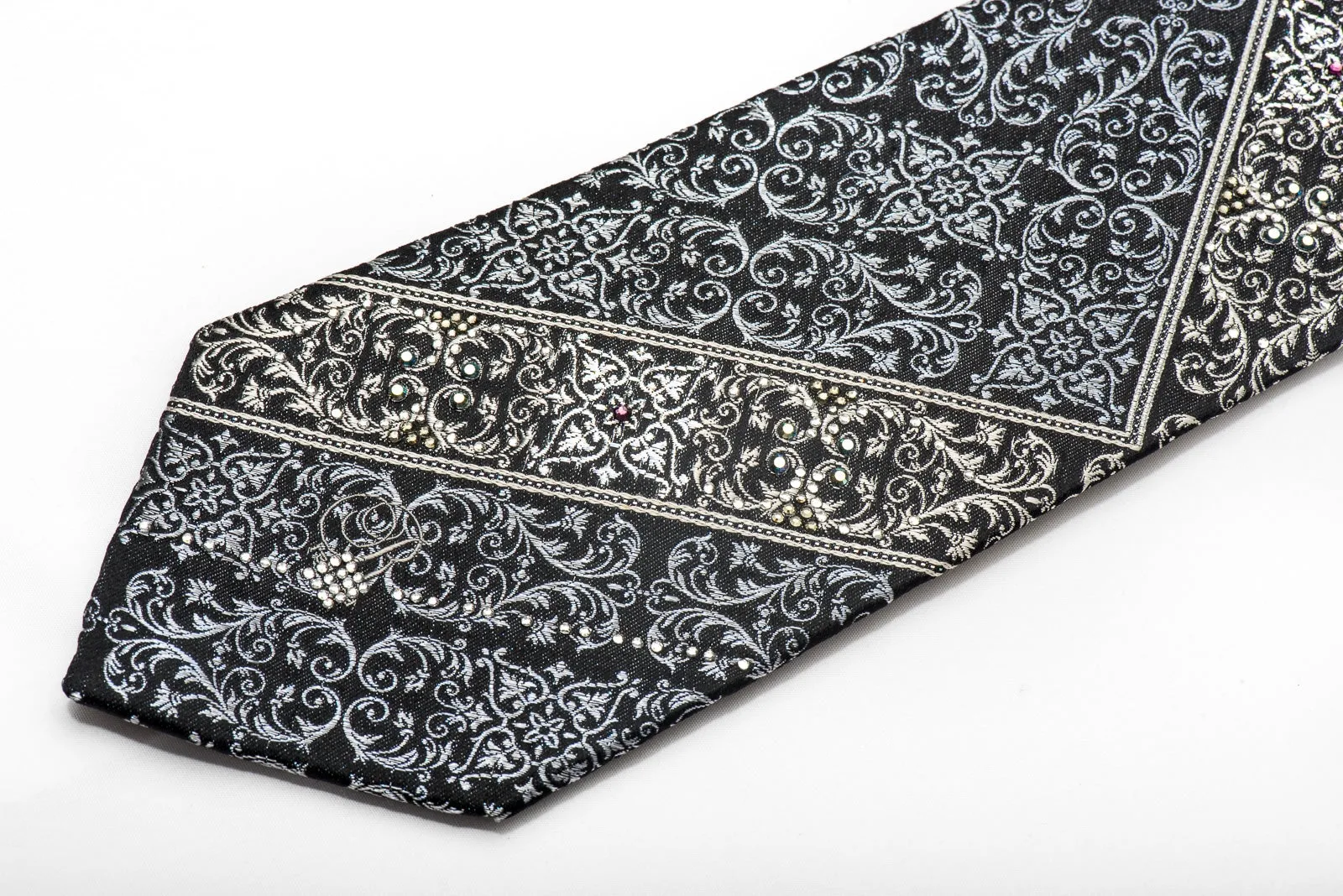 Lancetti Men's Crystal Necktie Silver Acanthus On Black Silk With Rhinestones