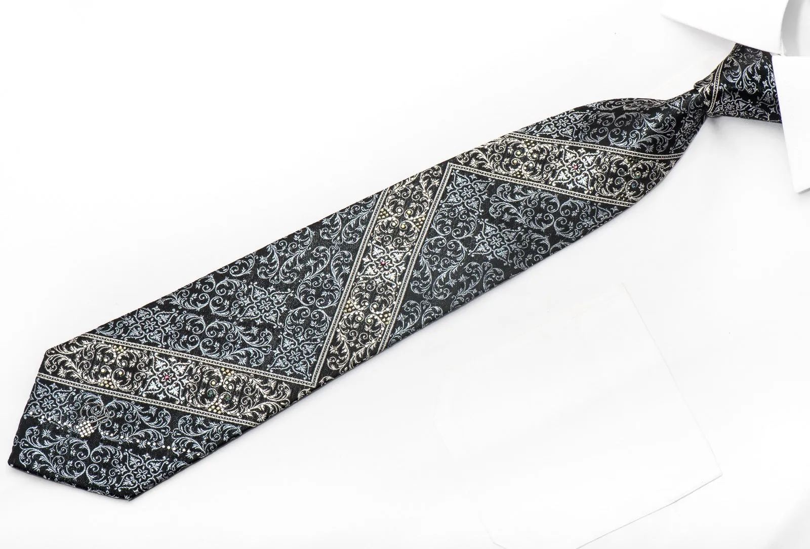 Lancetti Men's Crystal Necktie Silver Acanthus On Black Silk With Rhinestones