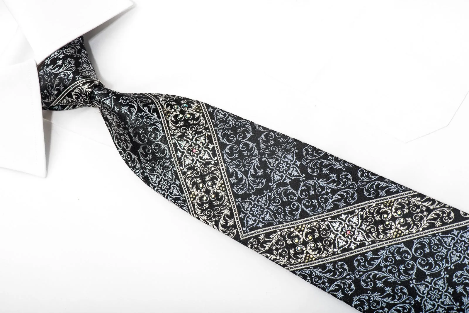 Lancetti Men's Crystal Necktie Silver Acanthus On Black Silk With Rhinestones