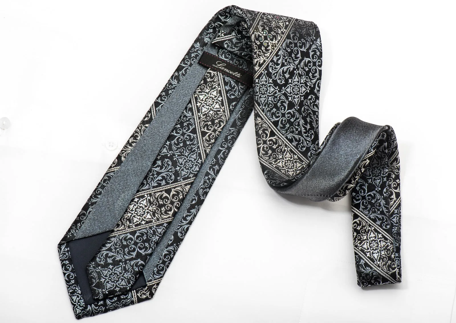 Lancetti Men's Crystal Necktie Silver Acanthus On Black Silk With Rhinestones