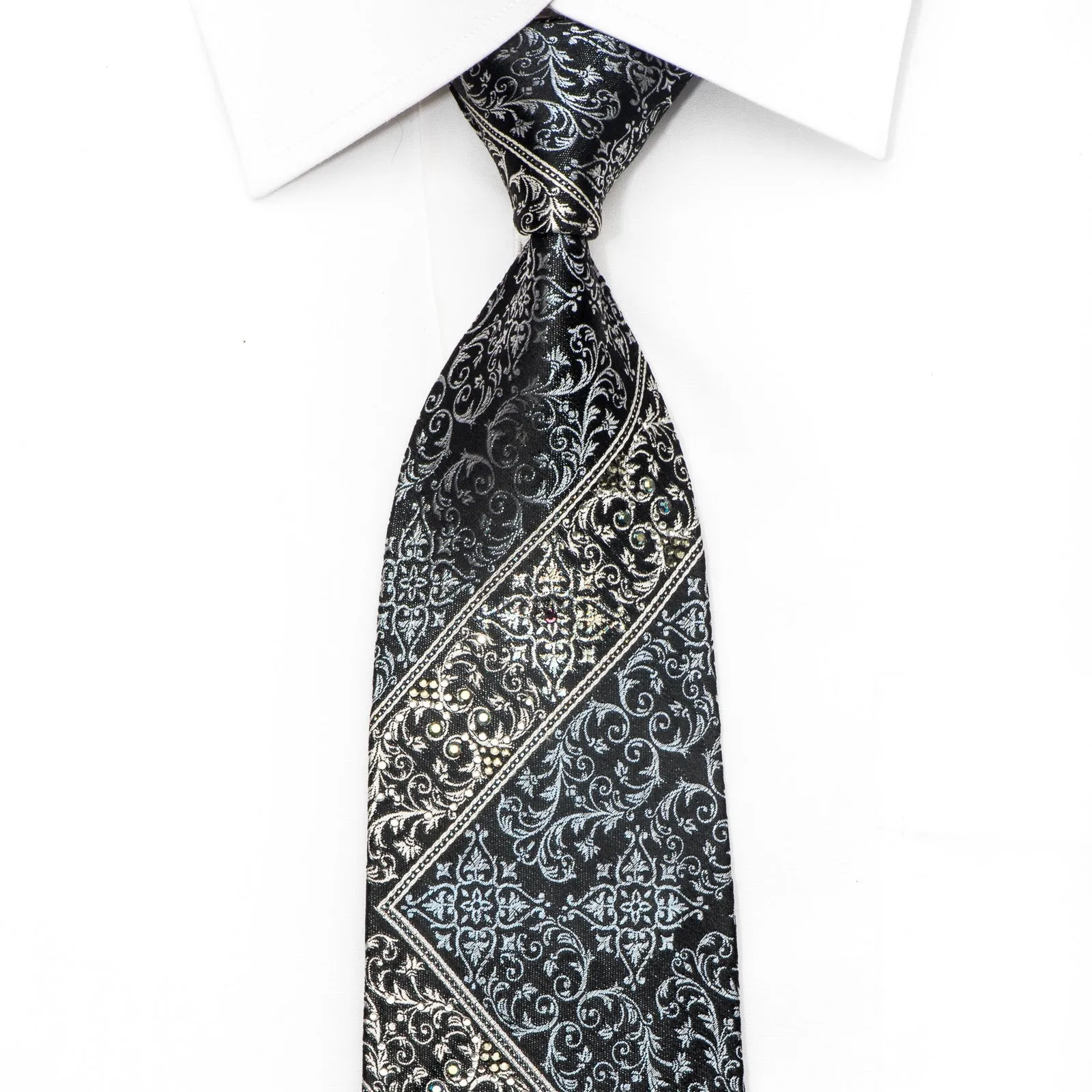 Lancetti Men's Crystal Necktie Silver Acanthus On Black Silk With Rhinestones