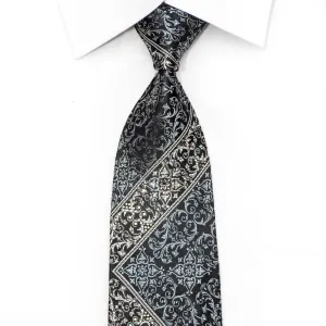 Lancetti Men's Crystal Necktie Silver Acanthus On Black Silk With Rhinestones