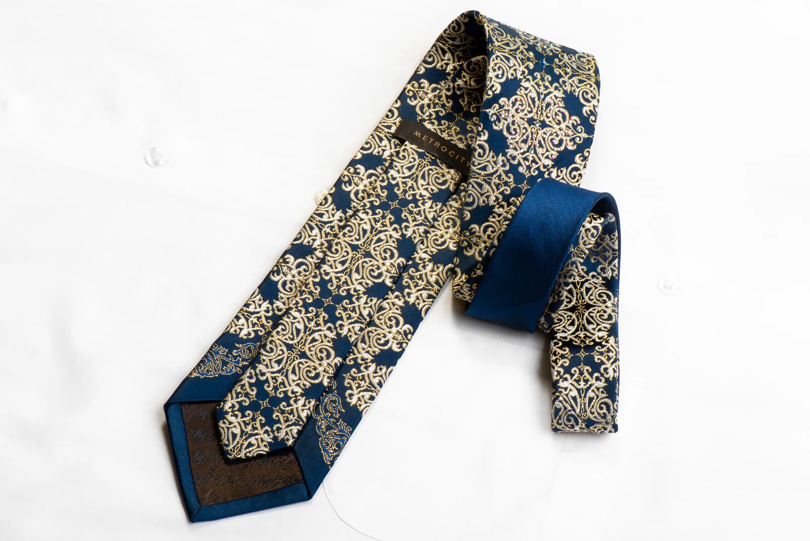 Metro City Crystal Rhinestone Necktie Gold Damask On Navy With Sparkles