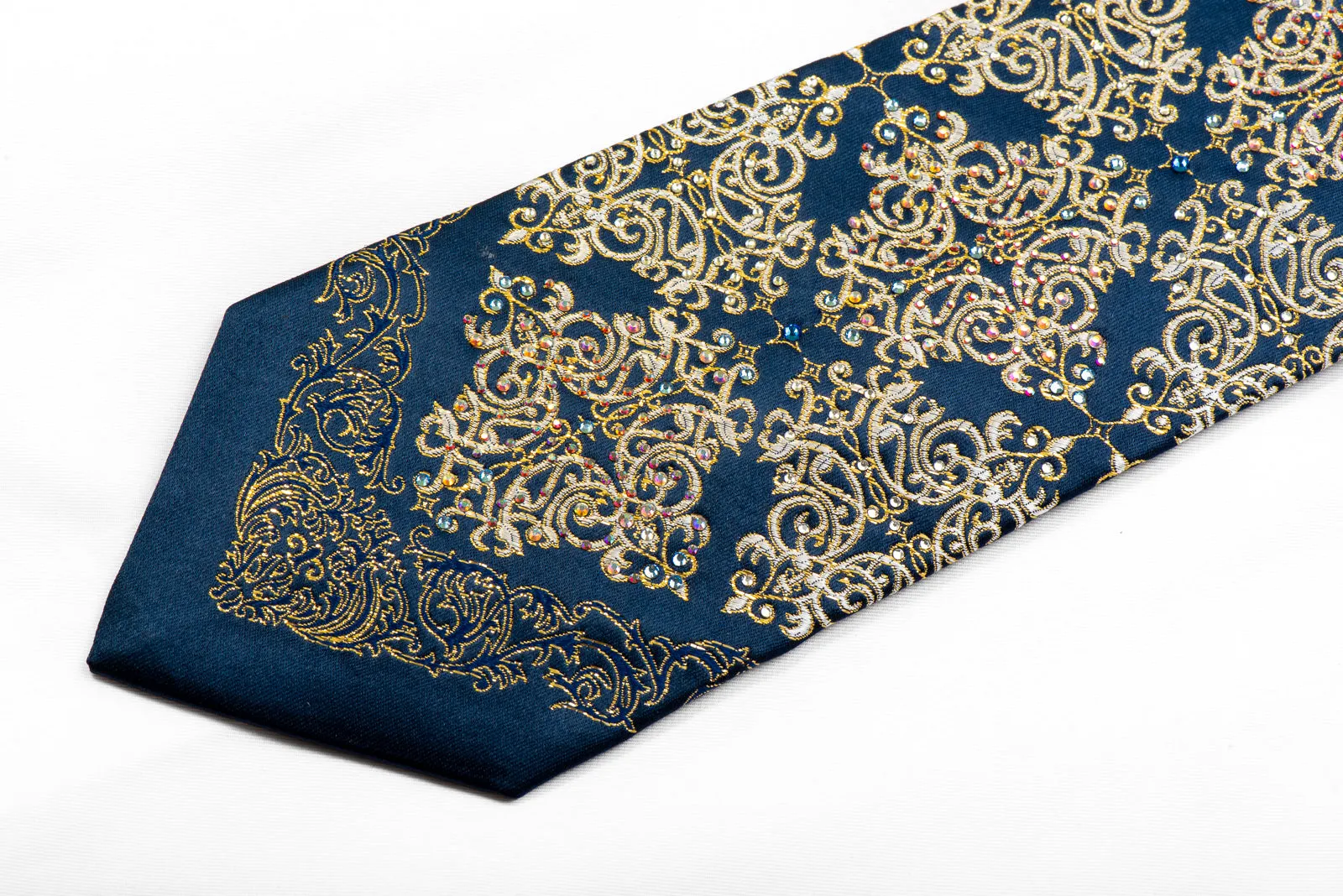 Metro City Crystal Rhinestone Necktie Gold Damask On Navy With Sparkles