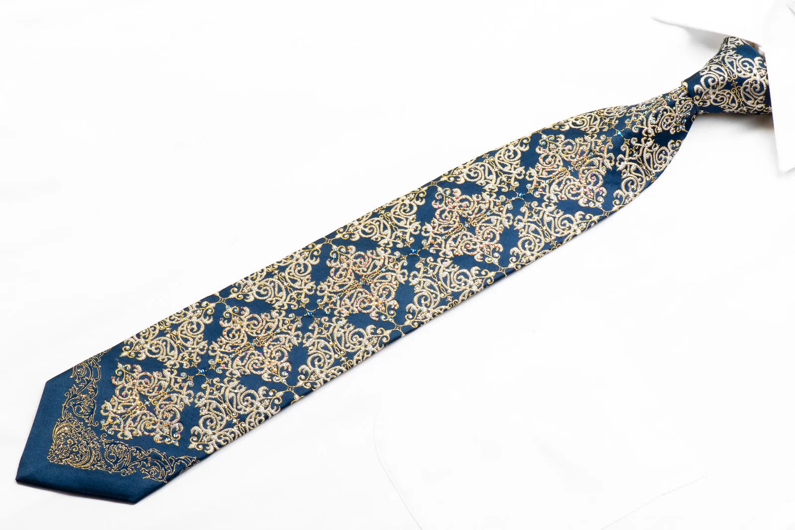 Metro City Crystal Rhinestone Necktie Gold Damask On Navy With Sparkles