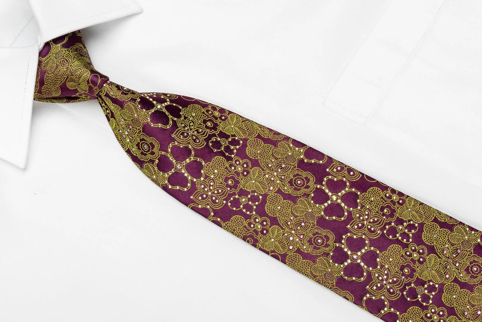 Metro City Men's Crystal Silk Necktie Green Floral On Purple Sparkling With Rhinestones