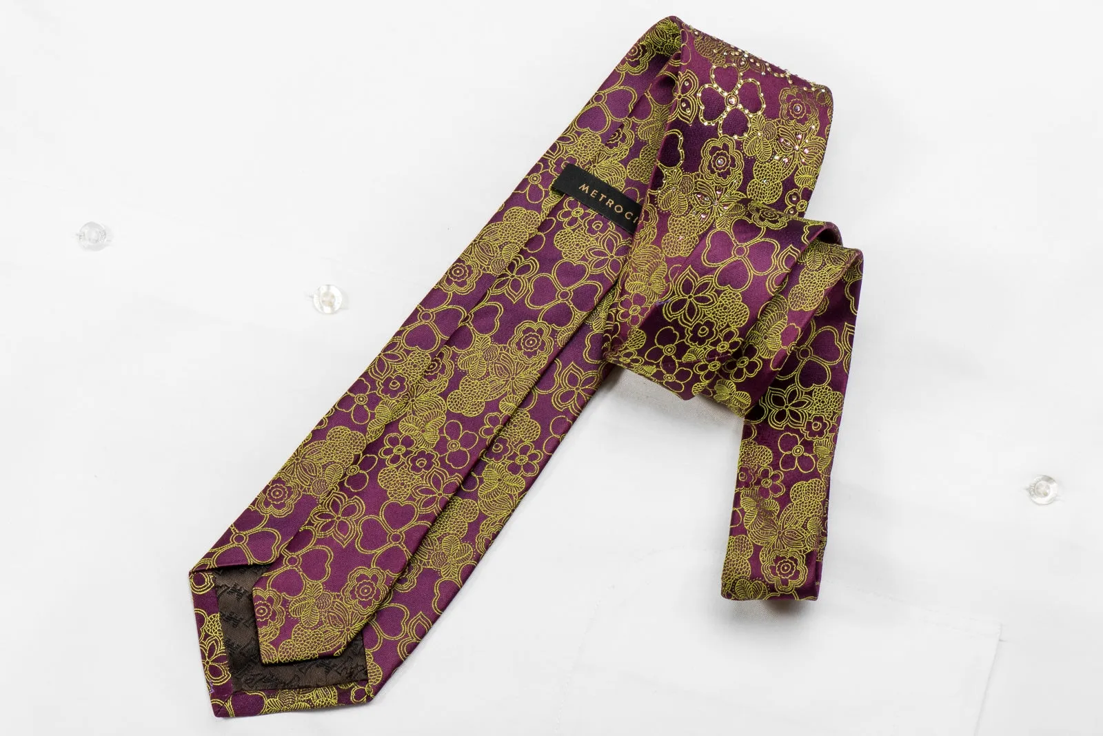 Metro City Men's Crystal Silk Necktie Green Floral On Purple Sparkling With Rhinestones