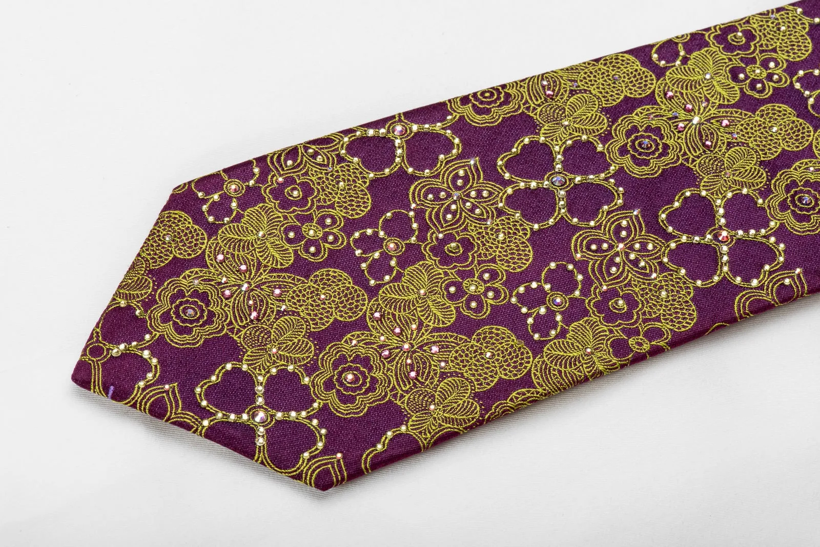 Metro City Men's Crystal Silk Necktie Green Floral On Purple Sparkling With Rhinestones