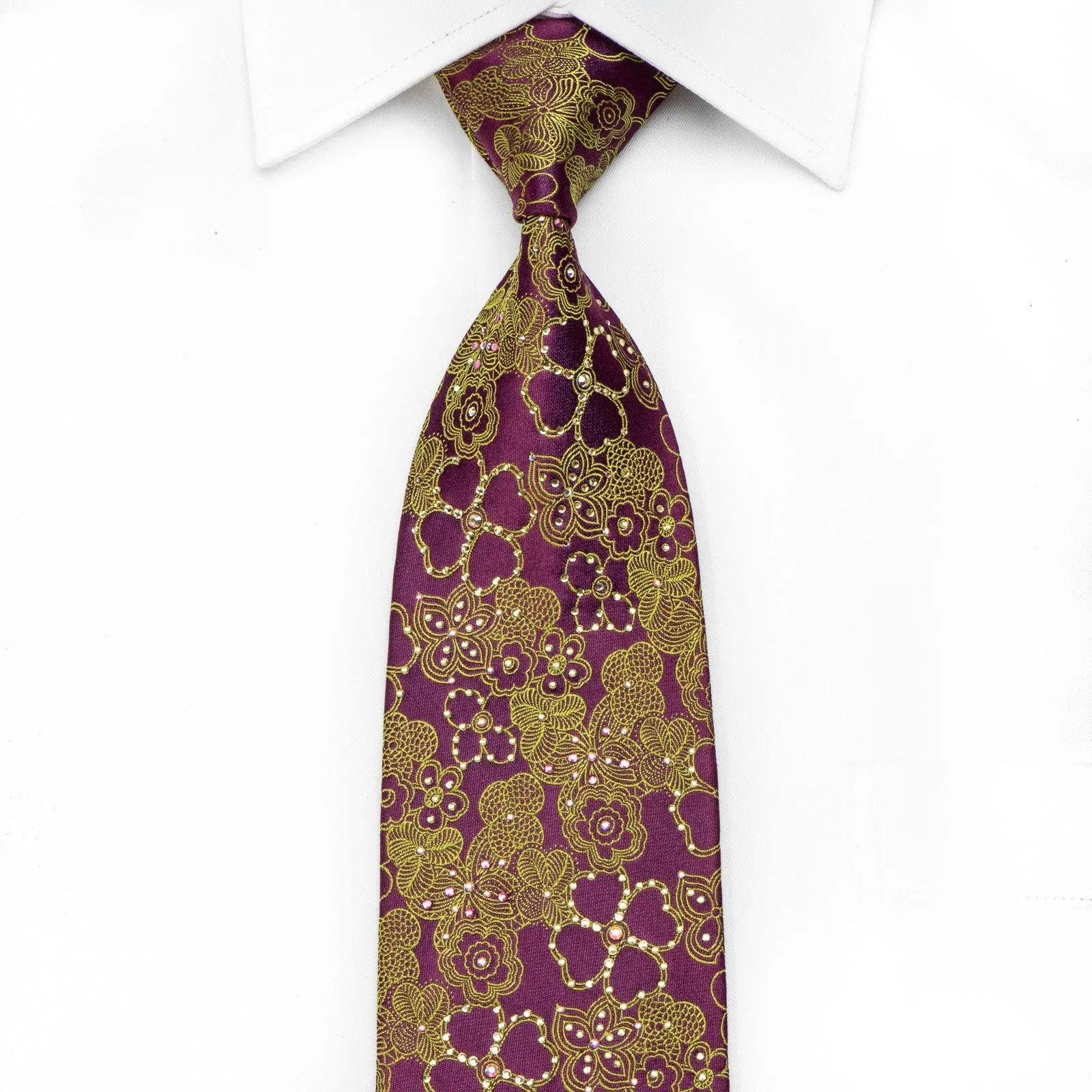 Metro City Men's Crystal Silk Necktie Green Floral On Purple Sparkling With Rhinestones