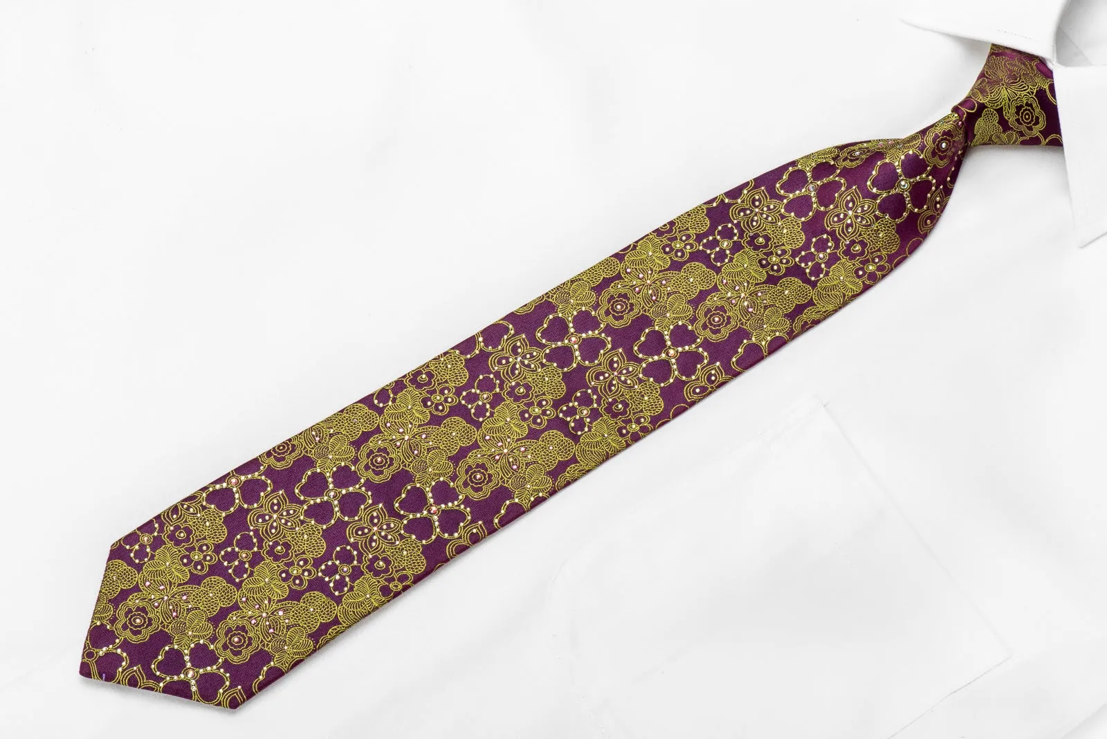 Metro City Men's Crystal Silk Necktie Green Floral On Purple Sparkling With Rhinestones