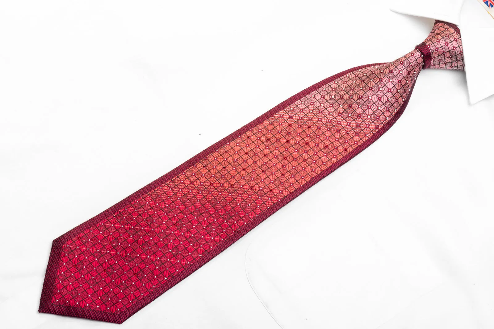 Metro City Men's Rhinestone Necktie Red Geometric On Navy With Silver Sparkles