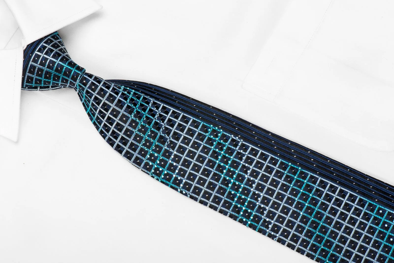 Metro City Men's Silk Crystal Tie blue Trellis On Black With Silver Sparkles