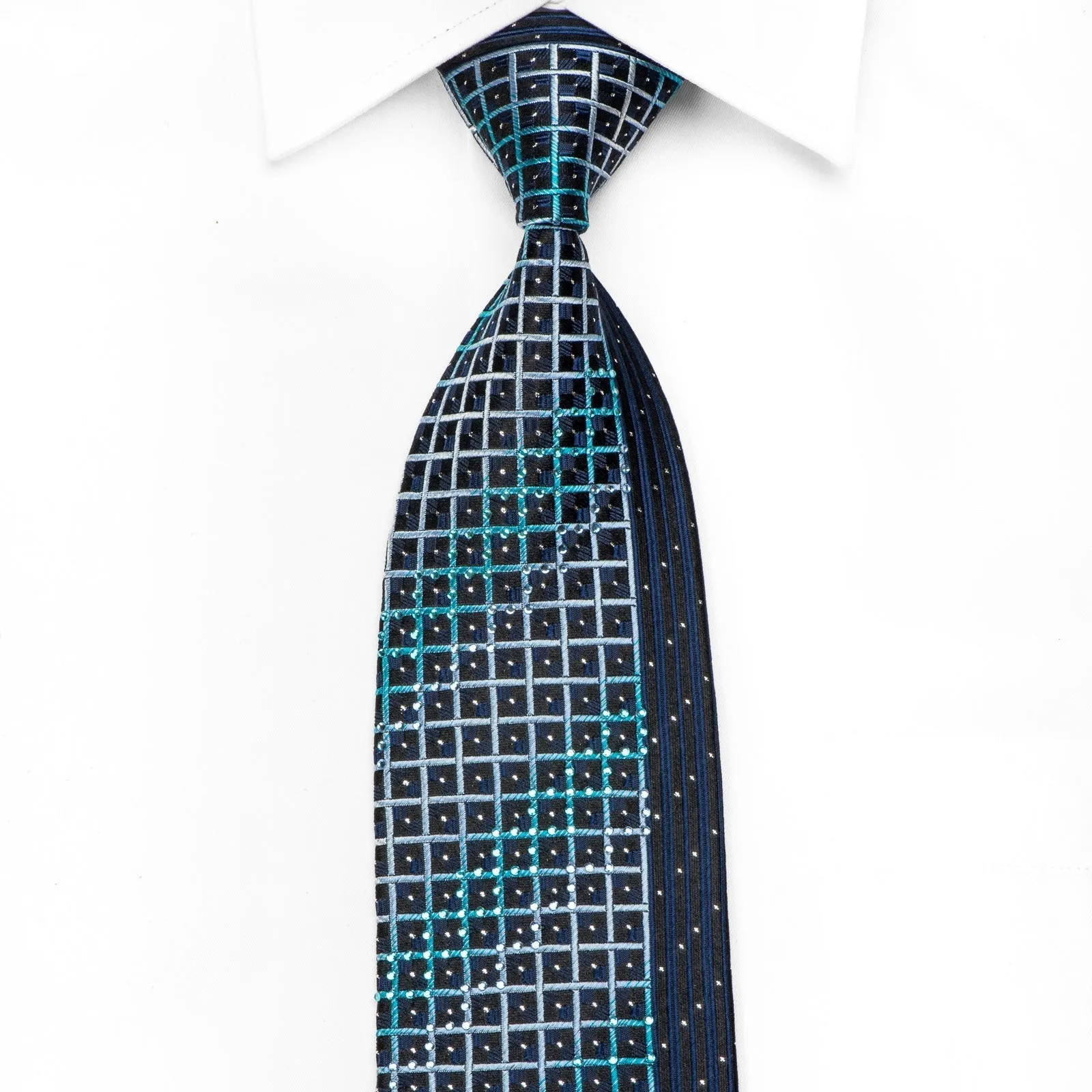 Metro City Men's Silk Crystal Tie blue Trellis On Black With Silver Sparkles