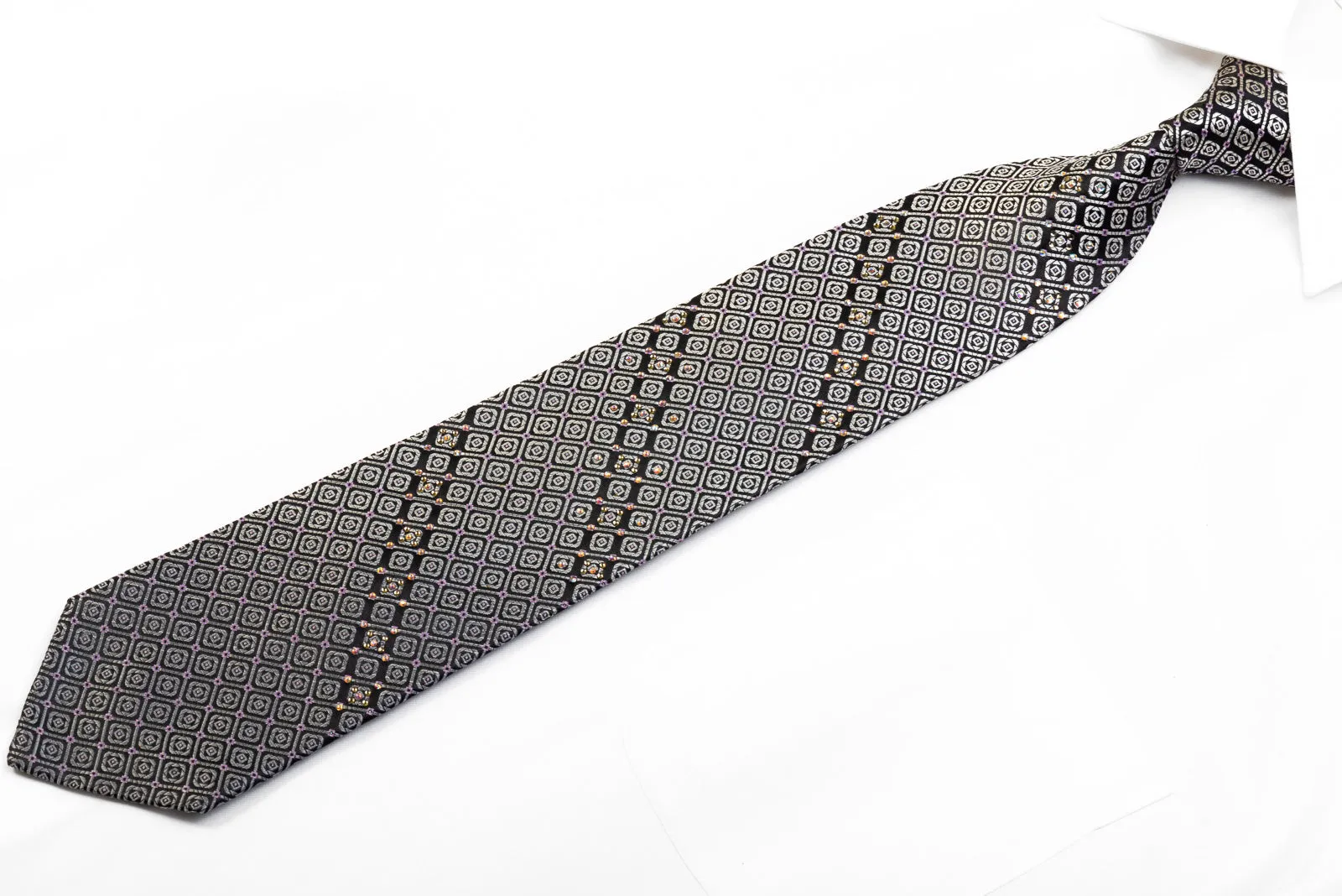 Metro City Men's Silk Rhinestone Necktie Silver Geometric On Black