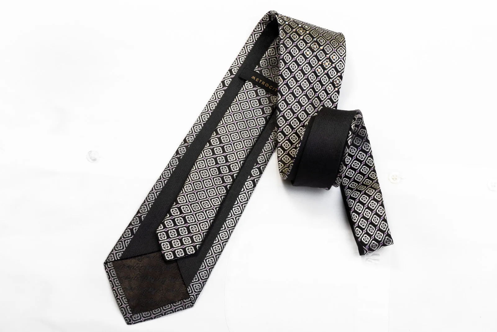 Metro City Men's Silk Rhinestone Necktie Silver Geometric On Black