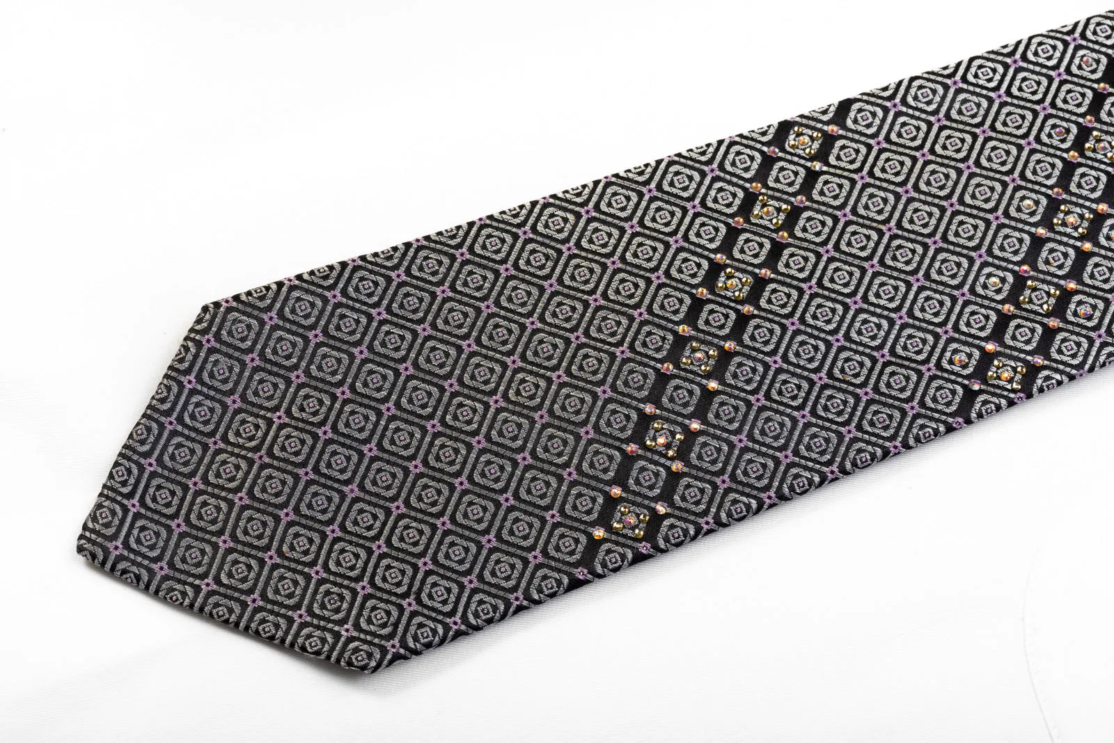 Metro City Men's Silk Rhinestone Necktie Silver Geometric On Black