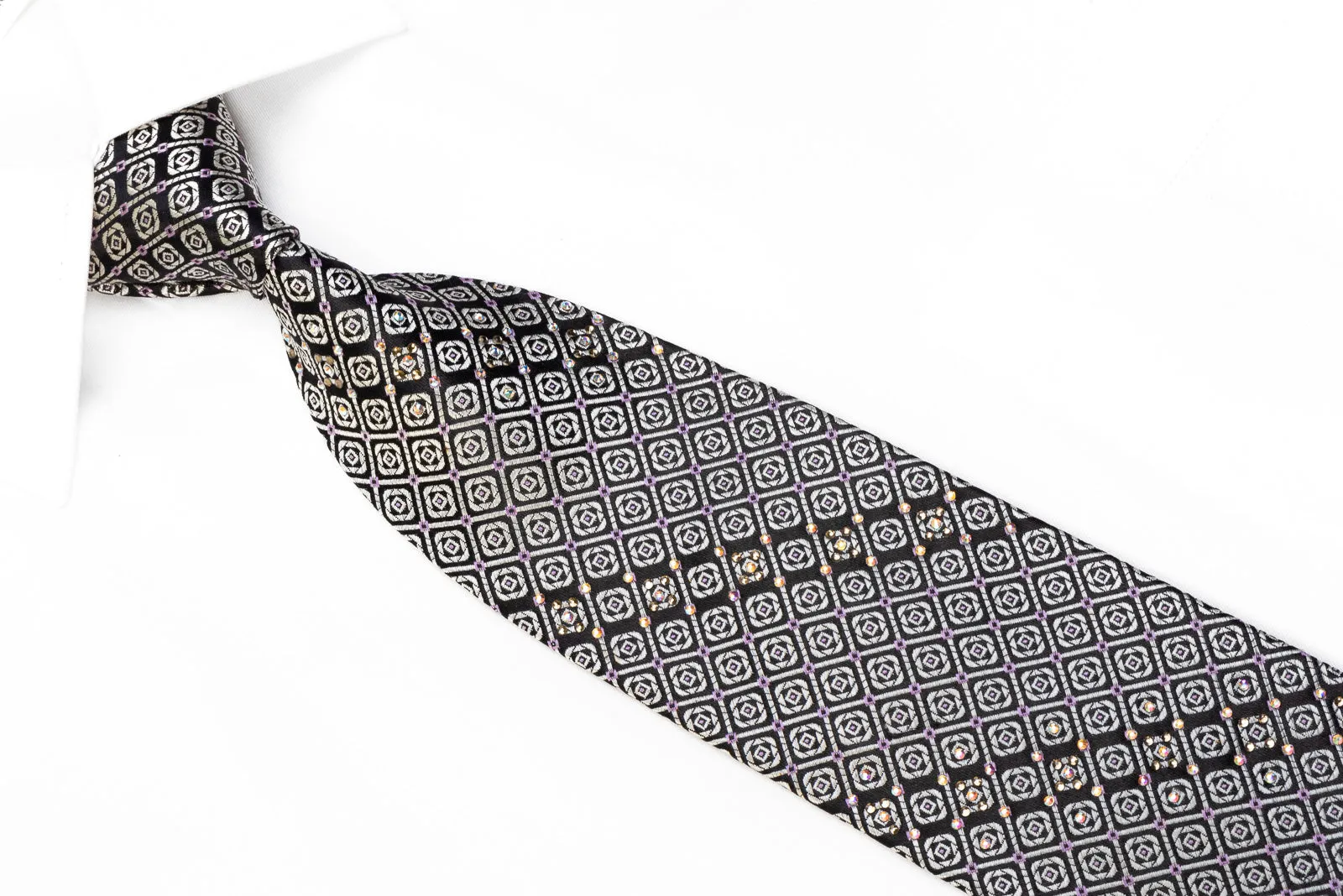 Metro City Men's Silk Rhinestone Necktie Silver Geometric On Black