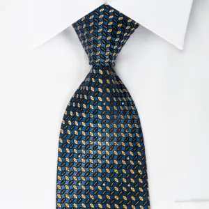 Metro City Rhinestone Silk Necktie Yellow Geometric Dots On Blue With Silver Sparkles