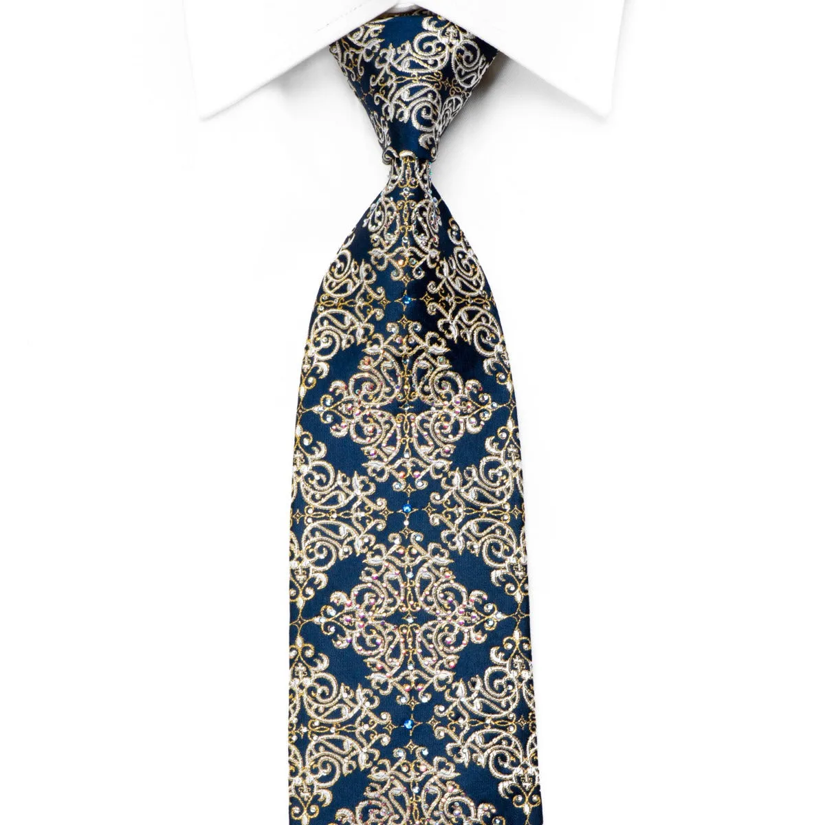 Metro City Rhinestone Silk Tie Gold Damask On Navy Blue With Sparkles