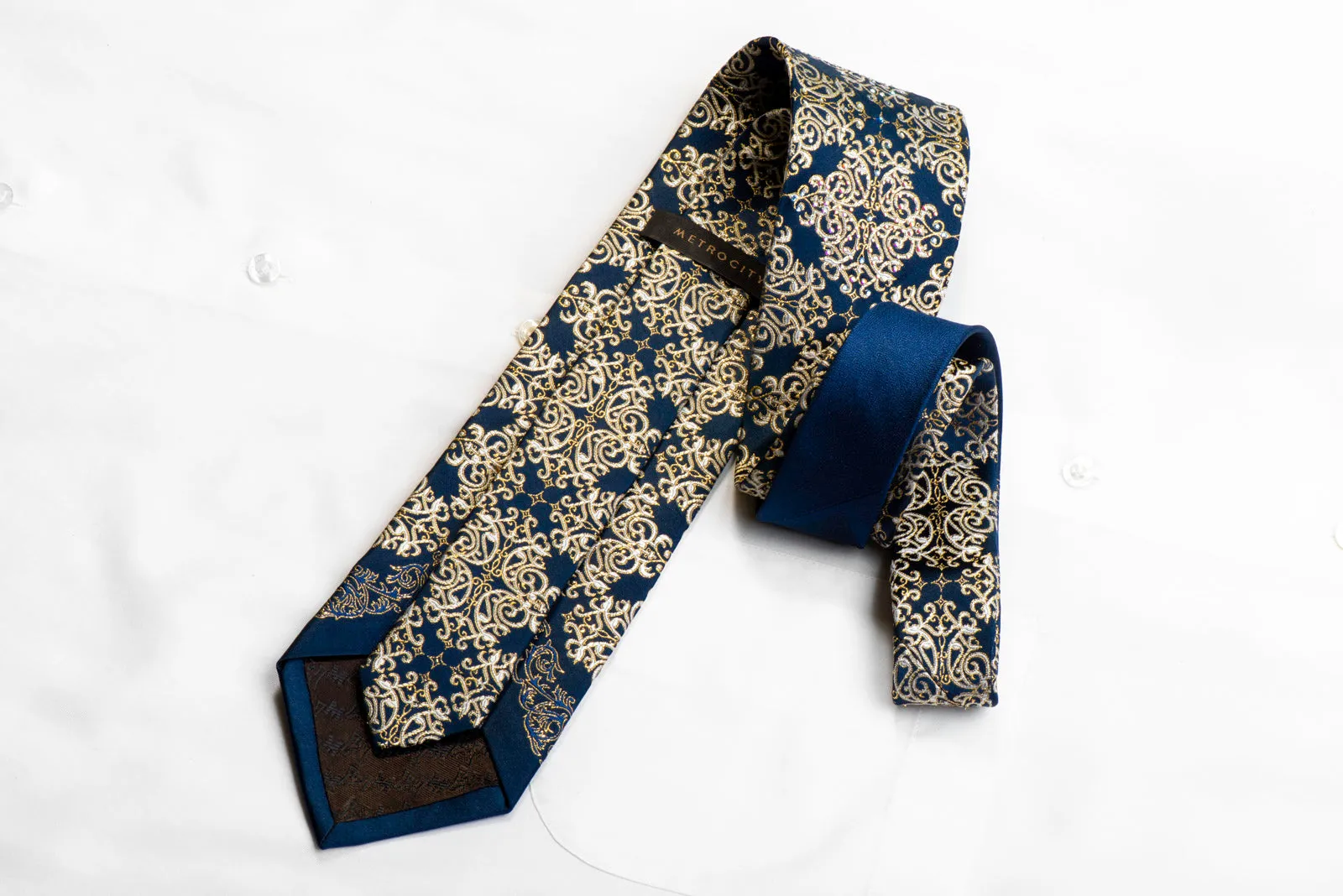 Metro City Rhinestone Silk Tie Gold Damask On Navy Blue With Sparkles