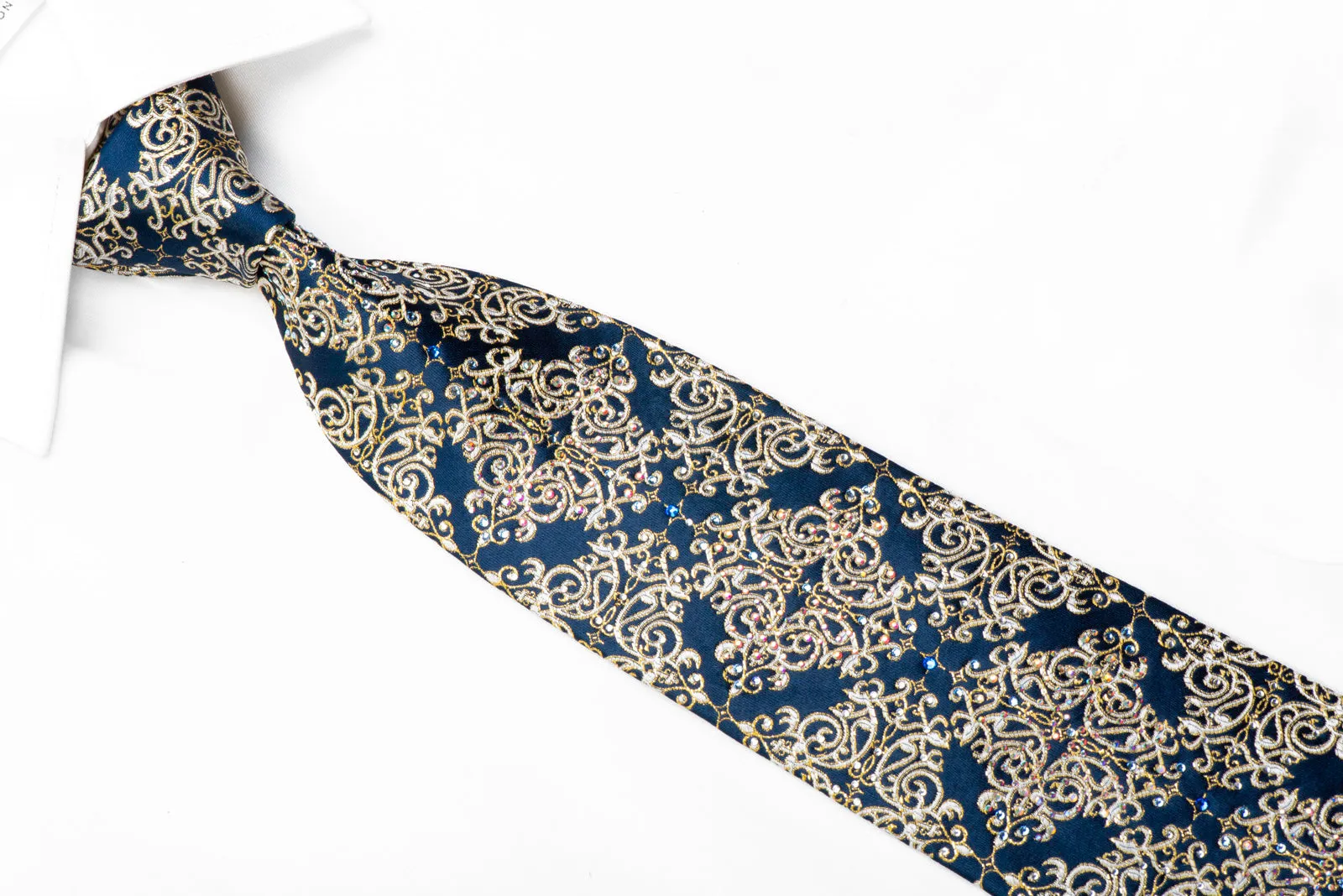 Metro City Rhinestone Silk Tie Gold Damask On Navy Blue With Sparkles