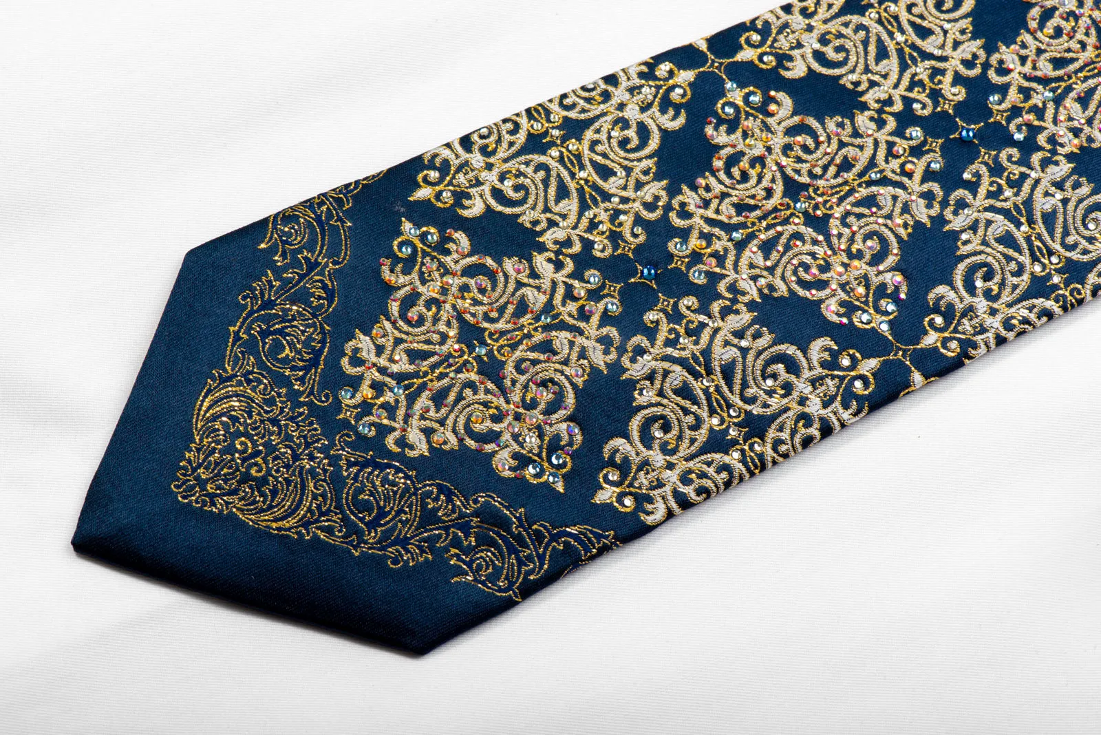 Metro City Rhinestone Silk Tie Gold Damask On Navy Blue With Sparkles