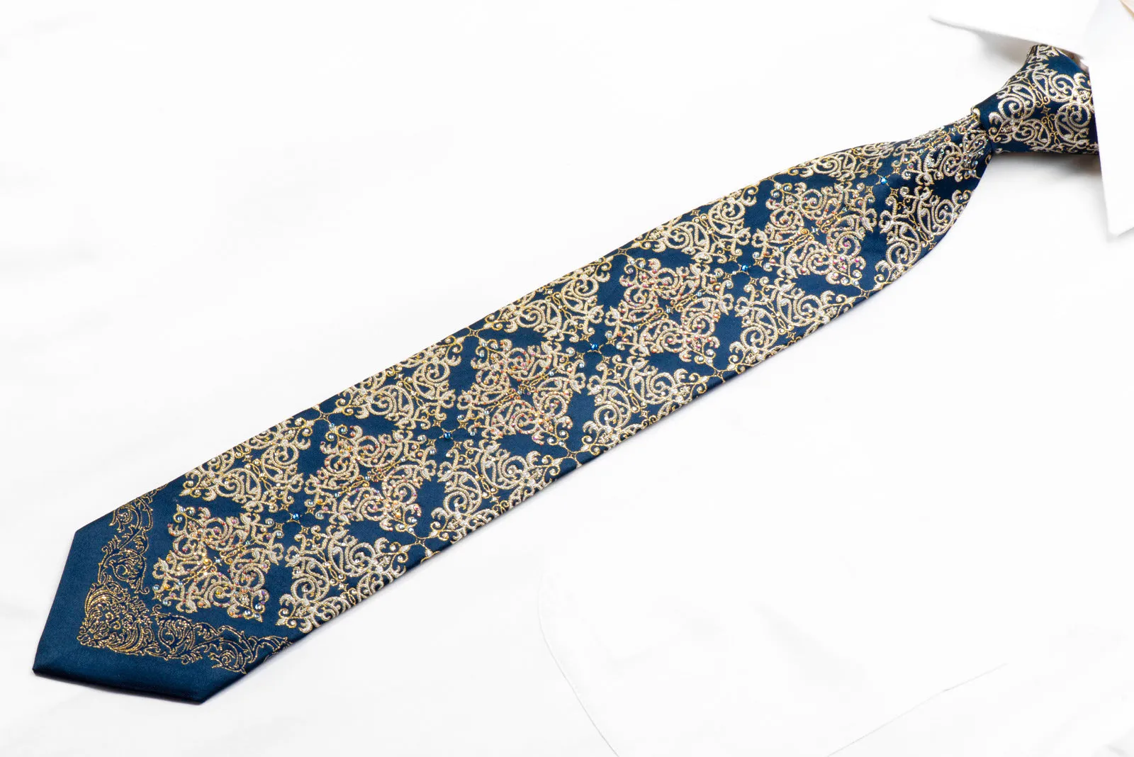 Metro City Rhinestone Silk Tie Gold Damask On Navy Blue With Sparkles