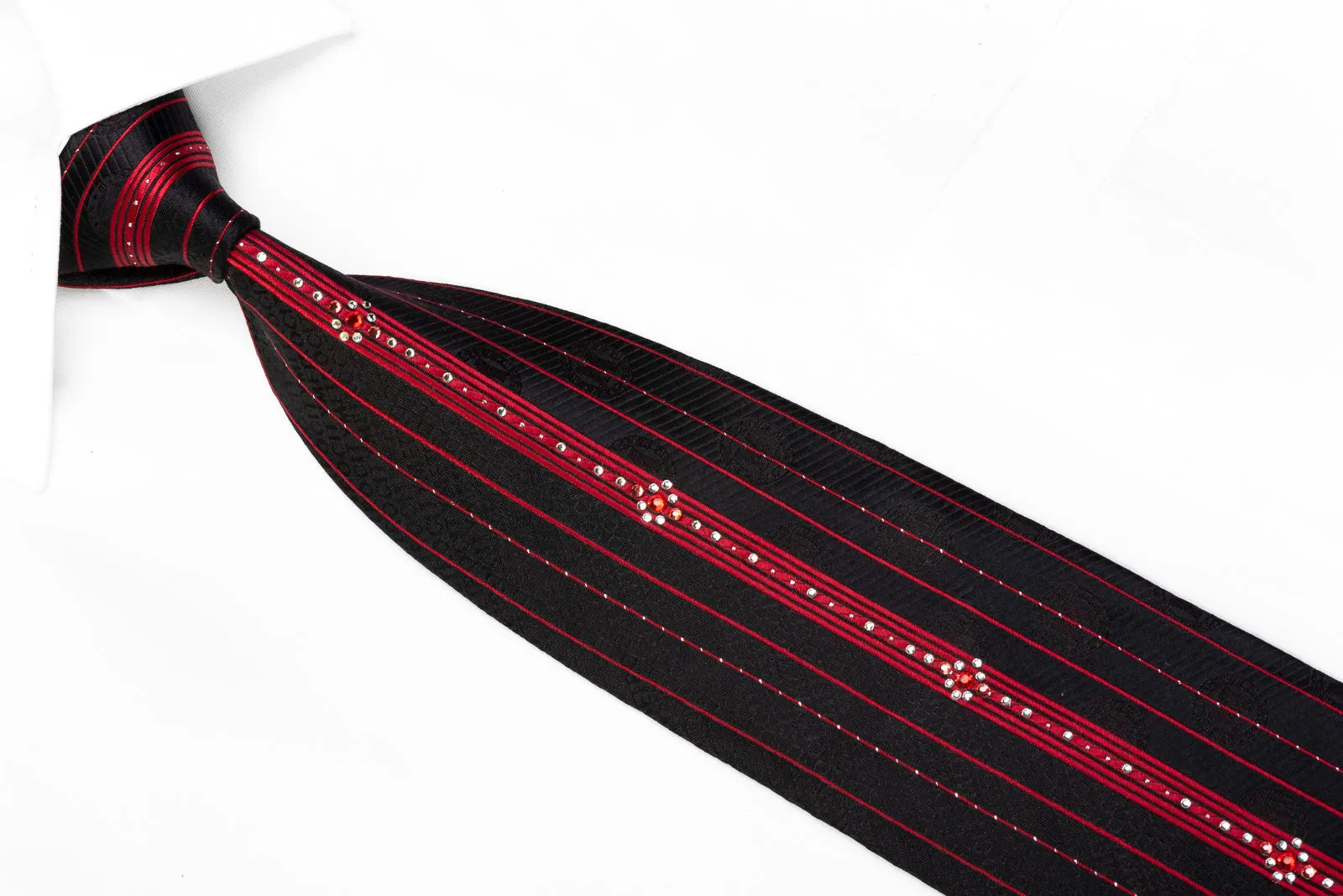 Metro City Silk Rhinestone Necktie Red Vertical Striped On Black With Sparkles