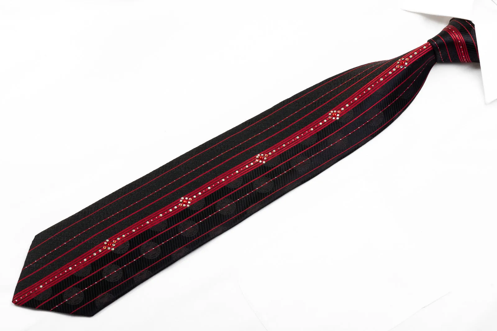 Metro City Silk Rhinestone Necktie Red Vertical Striped On Black With Sparkles