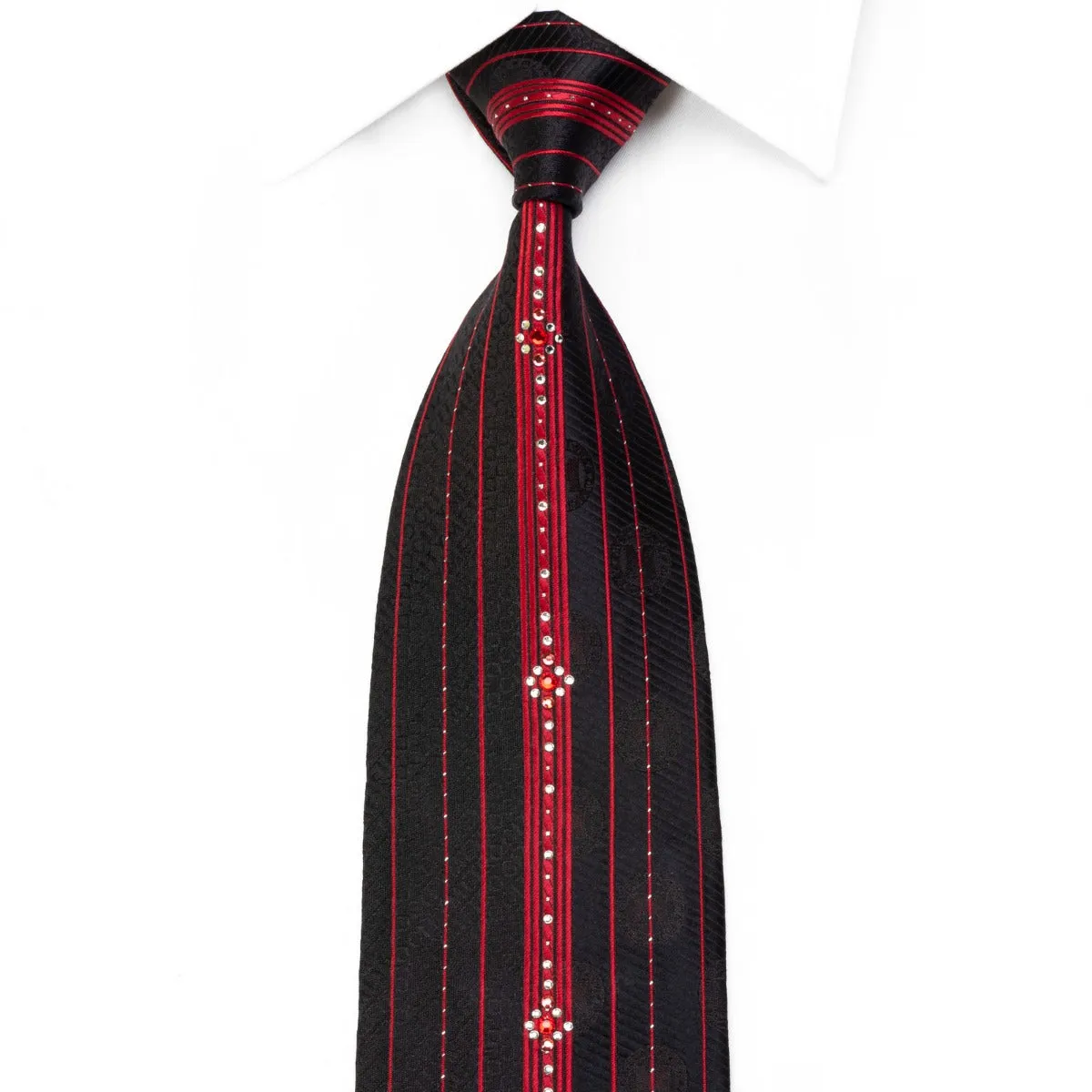 Metro City Silk Rhinestone Necktie Red Vertical Striped On Black With Sparkles