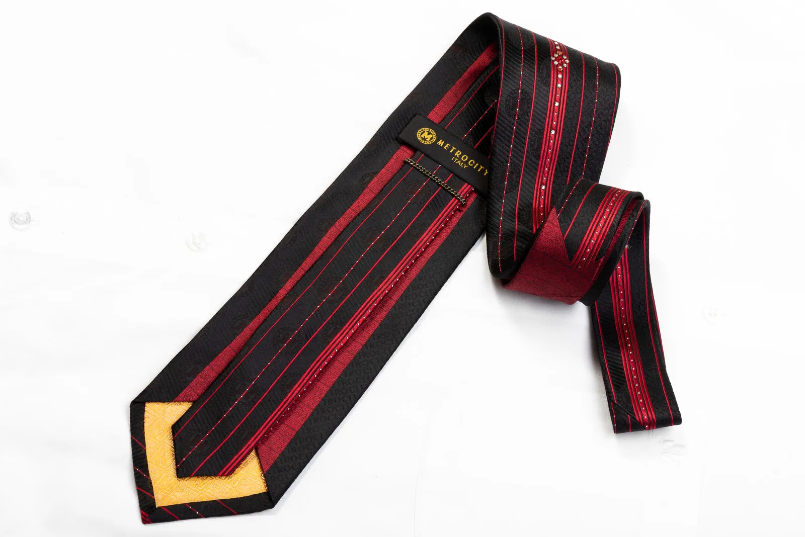 Metro City Silk Rhinestone Necktie Red Vertical Striped On Black With Sparkles