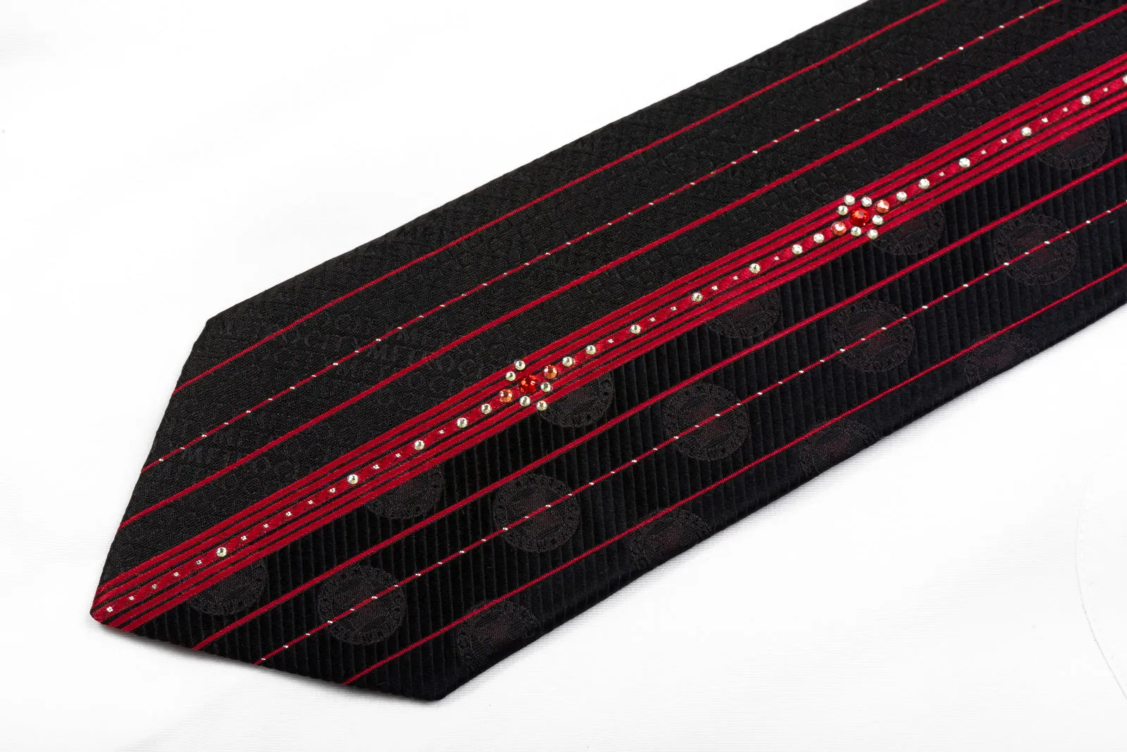 Metro City Silk Rhinestone Necktie Red Vertical Striped On Black With Sparkles