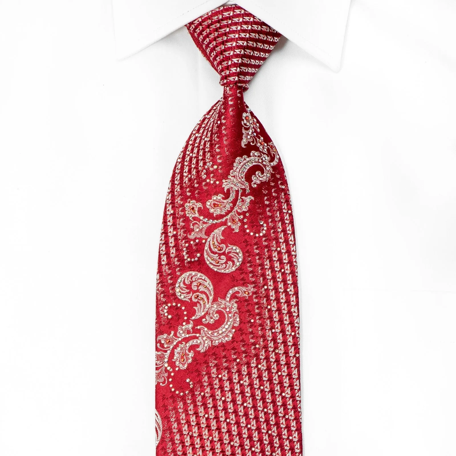 Mila Schon Mens Crystal Rhinestone Silk Necktie Silver Acanthus On Red With Sparkles