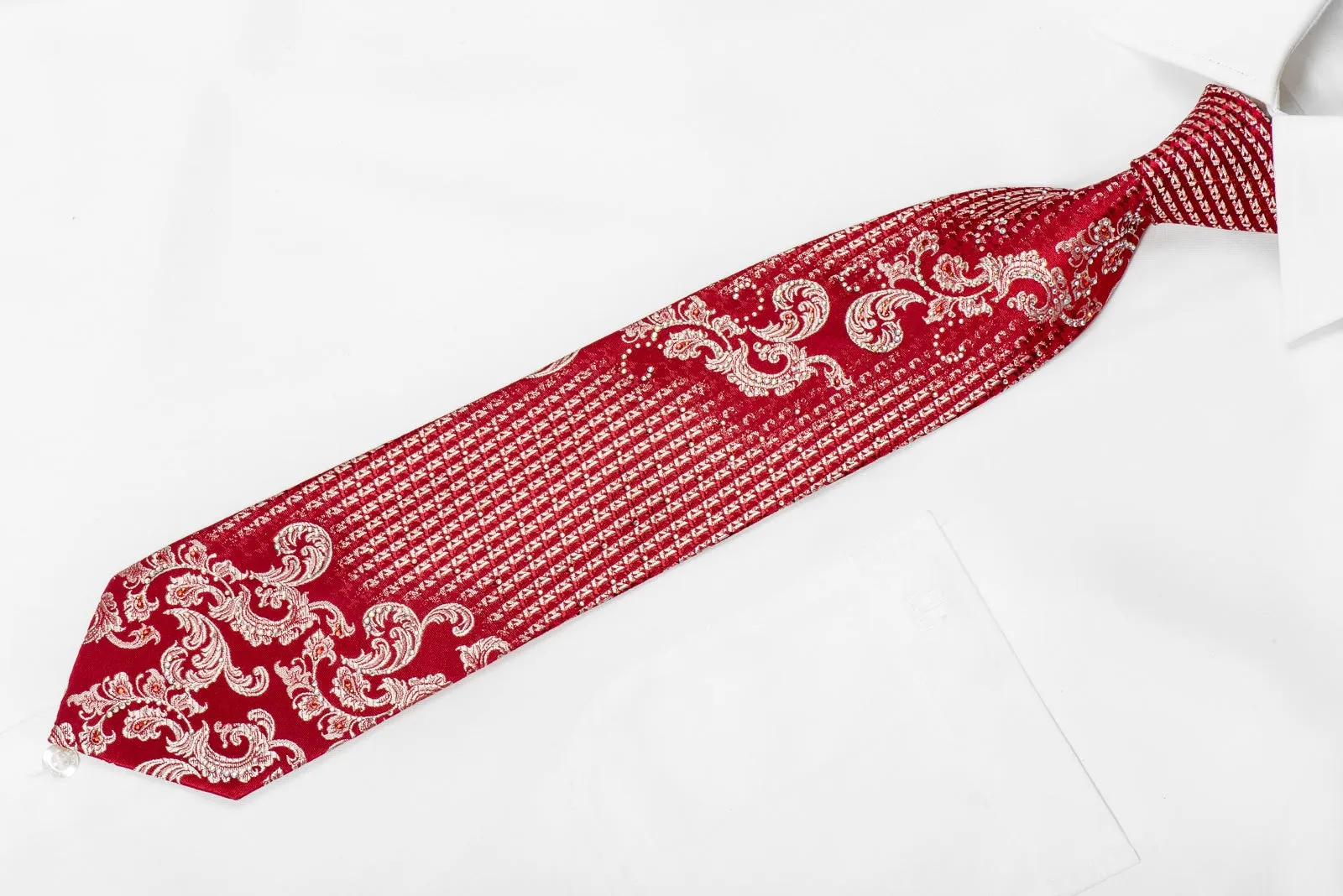 Mila Schon Mens Crystal Rhinestone Silk Necktie Silver Acanthus On Red With Sparkles