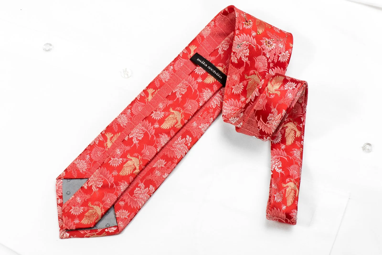 Mila Schon Men's Crystal Rhinestone Silk Neckties Gold Birds & Floral On Red With Gold Sparkles