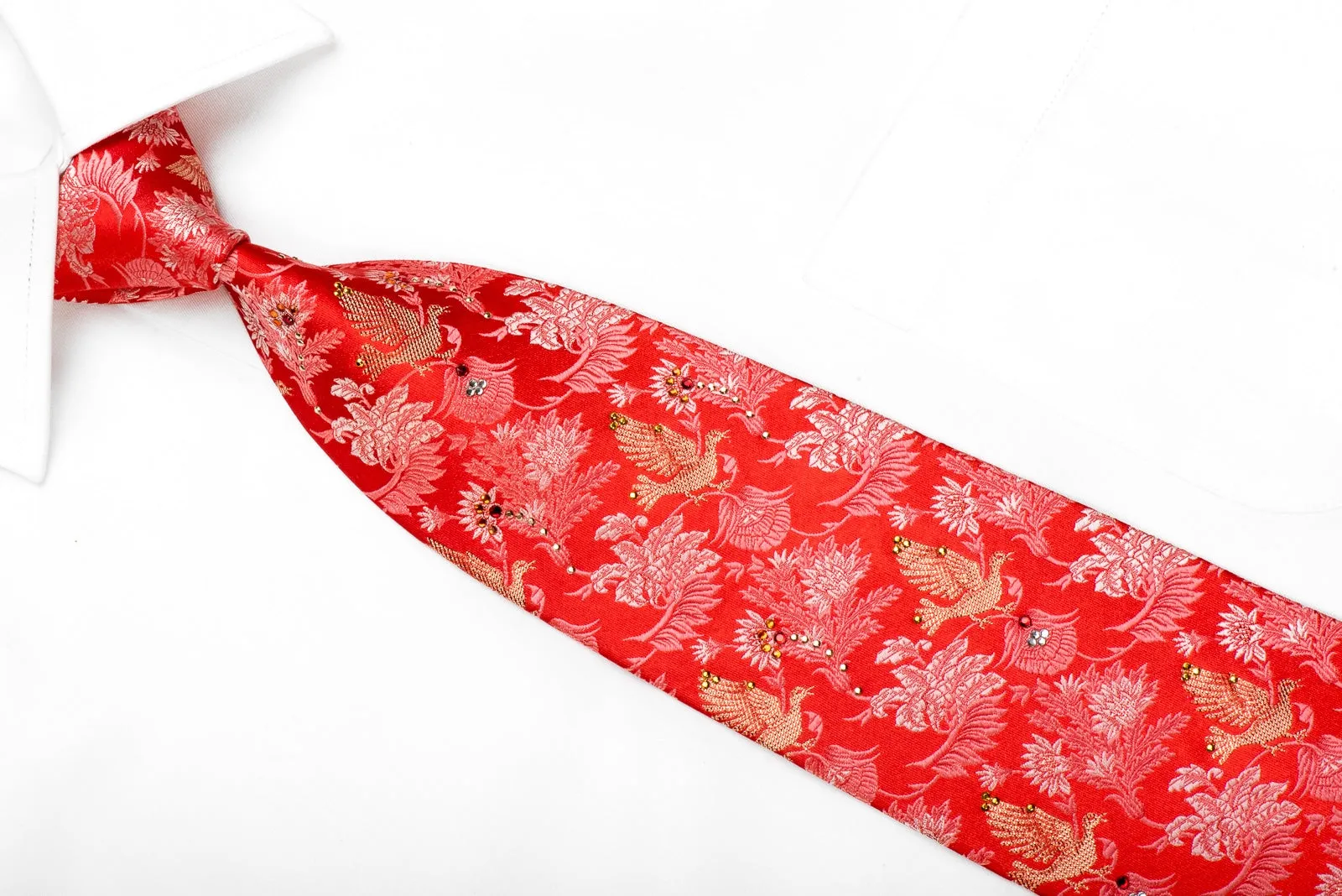 Mila Schon Men's Crystal Rhinestone Silk Neckties Gold Birds & Floral On Red With Gold Sparkles