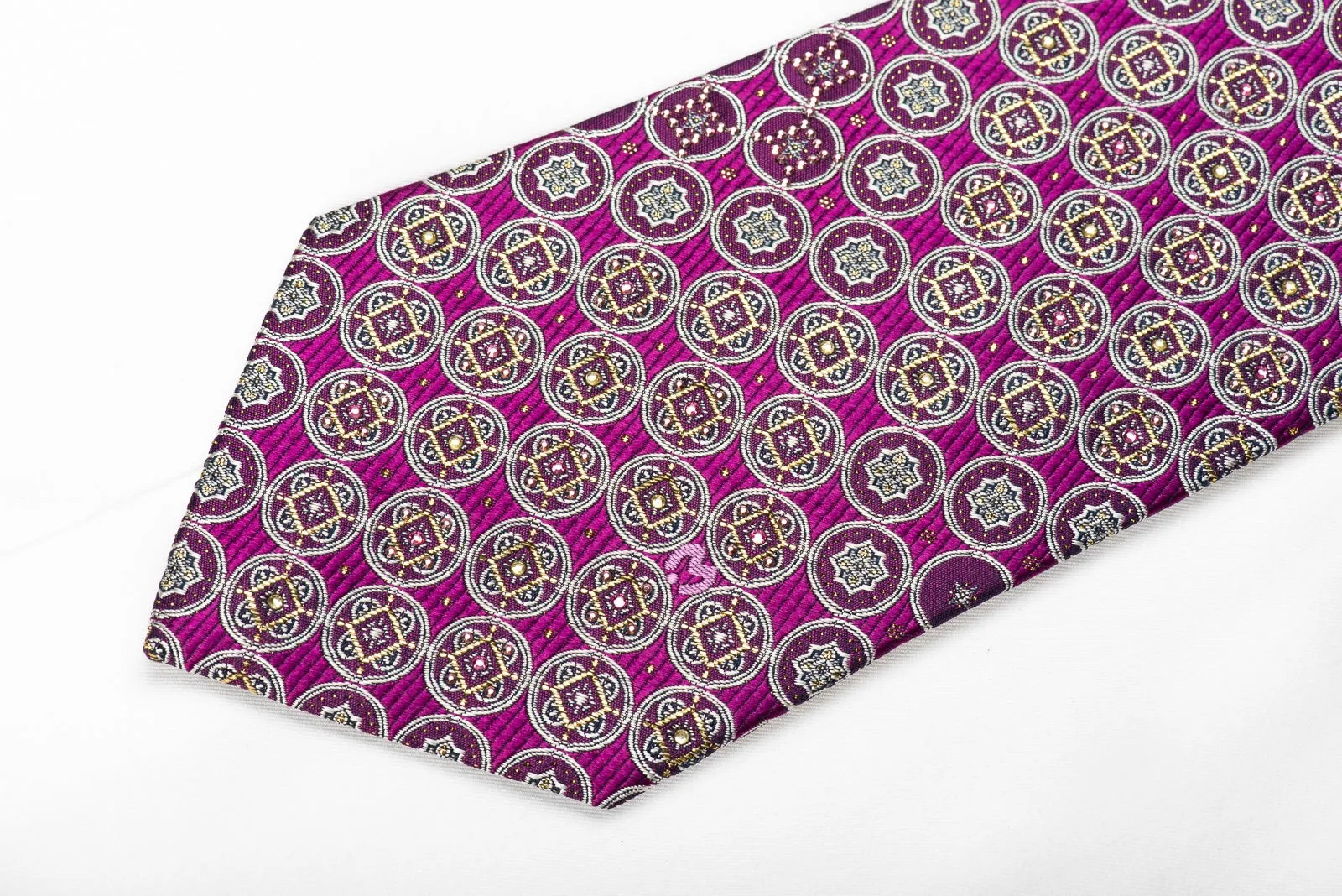 Mila Schon Men's Crystal Silk Necktie Silver Gold Medallions On Purple With Sparkles