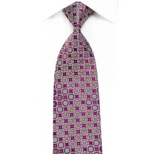 Mila Schon Men's Crystal Silk Necktie Silver Gold Medallions On Purple With Sparkles