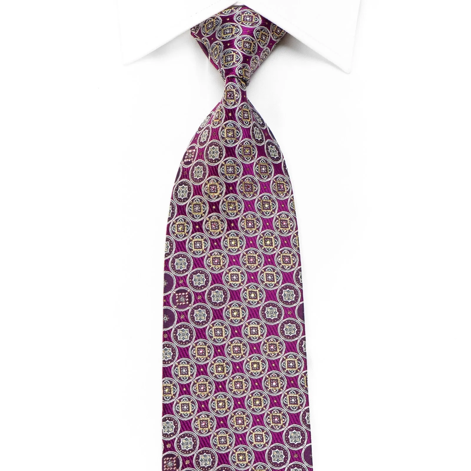 Mila Schon Men's Crystal Silk Necktie Silver Gold Medallions On Purple With Sparkles